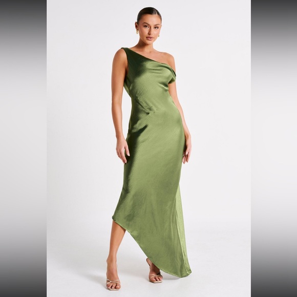 MESHKI -Slip Maxi Dress With Asymmetrical Hem -Emerald - Picture 4 of 5